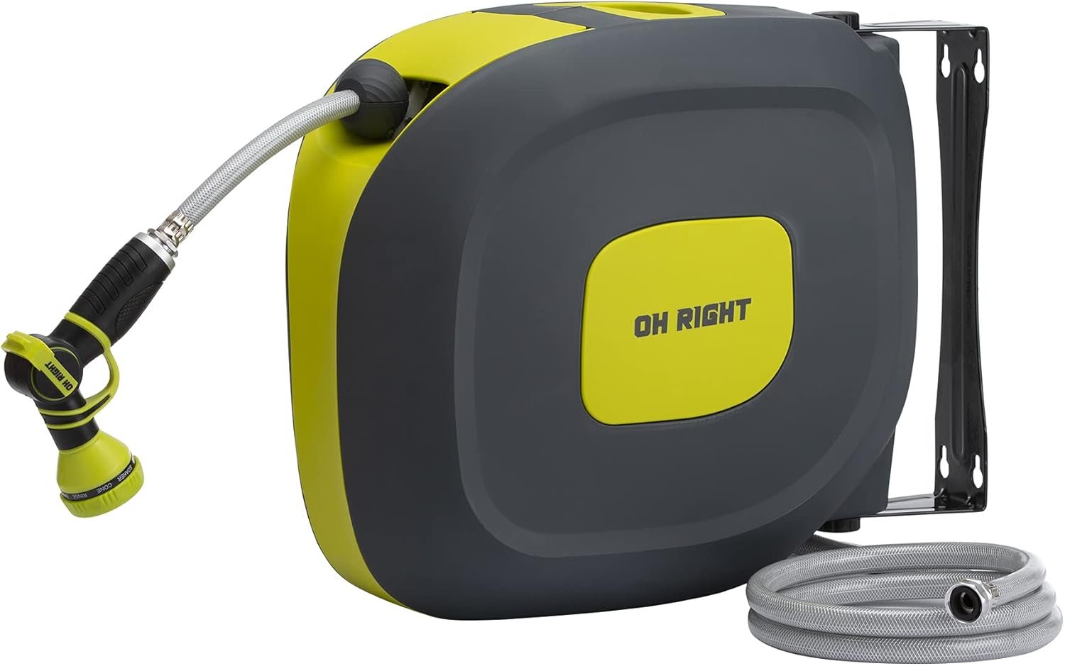 Точно, извлечна макара за градинарско црево 1/2″ 115’+5′ со метален држач што се врти 180°, макара за црево за вода монтирана на ѕид со млазница со 9 шари